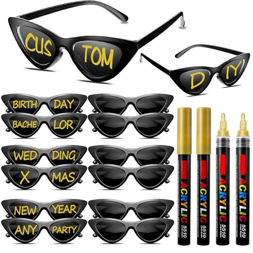 Image of Flutesan 12 Pcs Wedding Personalised Sunglasses Bulk Custom Cat Eye Sunglasses with 4 Paint Pens for DIY Custom Party Favors