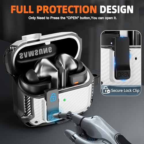 Image of Safety Lock Case for Samsung Galaxy Buds3 FE /Pro /3 (White) | Compatible with MagSafe, Carbon fibre texture Design,with Phone Stand& Cleaning kit,Keychain,