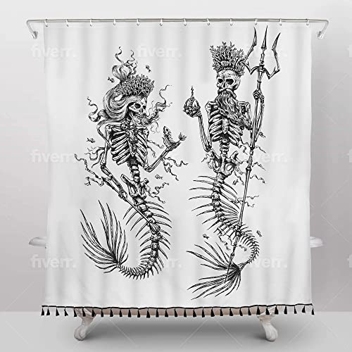 Mermaid Shower Curtain For Gothic Bathroom Decor- Gothic Shower Curtain For Mermaid Bathroom Decor - Water Resistant, Anti-Rust Metal Grommets, 12 Metal Hooks - Black & White Tasseled #TOP5