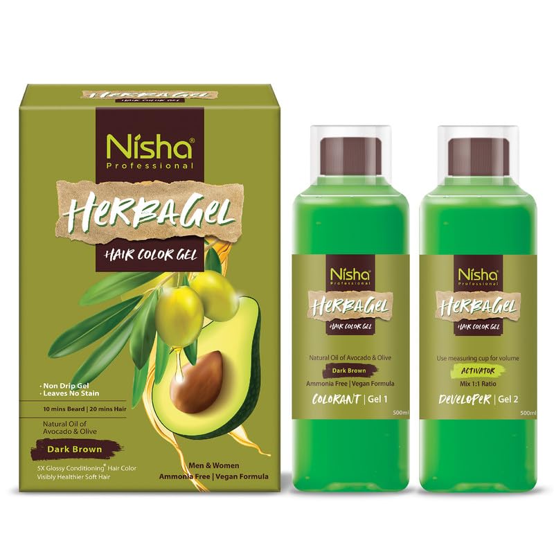 Nisha Herba Gel Hair Colour Gel, Dark Brown 1000 ml| No Ammonia, No Stain, Non-Drip Vegan Formula | Permanent Hair Colour & Hair Dye for Women & Men | 100% Grey Coverage & Long-Lasting Shine