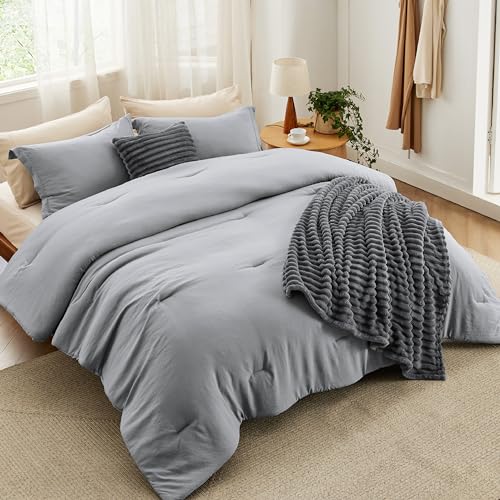 Image of Bedsure Full Comforter Set 5 Pieces - Bed in a Bag with Fleece Throw Blanket and Decorative Pillow, Lightweight Bedding Comforter Sets, All Season Bedding, Dark Grey