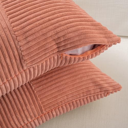 Image of Fancy Homi 2 Packs Coral Decorative Throw Pillow Covers 18x18 Inch for Living Room Couch Bed, Rustic Farmhouse Boho Home Decor, Soft Corss Corduroy Patchwork Textured Peach Cushion Case 45x45 cm