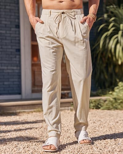 Beotyshow Mens Linen Pants Elastic Waist Drawstring Casual Pants Relaxed Fit Summer Beach Yoga Lightweight Pants2
