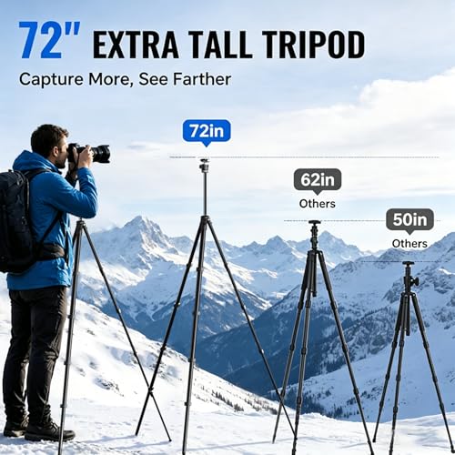 Image of 72 inch Travel Tripod for Camera and Phone, Lightweight Aluminum Tripod with Arca Ball Head, Phone Holder, Quick-Release Plate, Wireless Remote & Carry Bag for DSLR Smartphone Video Recording