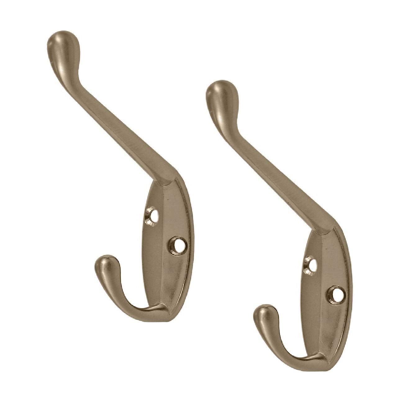 H-Smart 4 x Satin Nickel Metal Double Hat and Coat Hooks, Door & Wall Robe Dress Hangers Strong Metal Coat Hooks, Screw in Modern Coat Hooks Wall Mounted, Heavy Duty Door Hooks for Bathroom Bedrooms