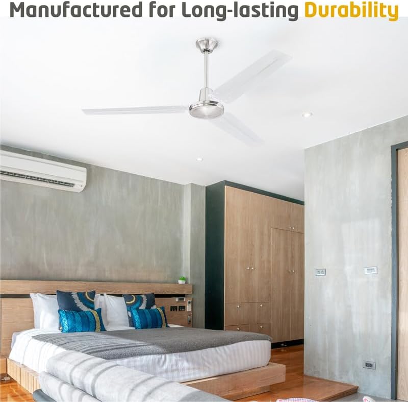 Miniatura 4 de Ventilador de techo industrial de tres aspas y 56 pulgadas, con sistema de instalación de colgado de bola, níquel cepillado., 60.0watts