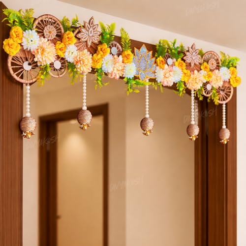 Image of Divyakosh Handmade Flower Toran for Door 40 Inch | Lotus Floral Bandhanwar with Hanging Beads | Door Hanging for Home Entrance | Diwali, Wedding, Festive Decoration | Traditional Indian Wall Decor