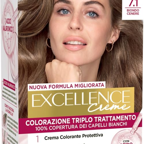 L’Oréal Paris Colorazione Triplo Trattamento Excellence, Con Acido Ialuronico, 100% Copertura Capelli Bianchi, Per Capelli Più Idratati, Biondo Cenere (7,1)
