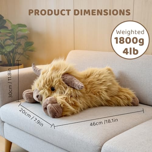Weighted Highland Cow Stuffed Animals, with Unscented Microwavable Heating Pad, Cute Coolable Heatable Weighted Plush Warm Gift for Adults (4 Pounds) - 2