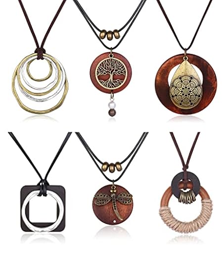 JeweBella 6 Piezas Collar Largo Madera Vintage para Mujer Niña - Árbol de la Vida, Plumas, Bohemio Étnico - Conjunto Suéter Largo | Ya disponible en tu tienda friki favorita! En mundofriki.es!