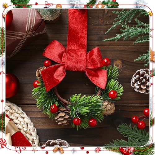 Image of Dingion 6 Pcs 6 Inch Christmas Mini Cabinet Wreaths for Kitchen with Ribbon Bows Pinecone Berry Small Window Wreath Garland for Door Window Farmhouse Christmas Party Decorations