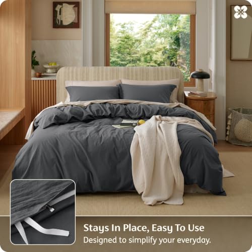 Image of Bedsure 100% Washed Cotton Duvet Cover Cal King - Charcoal Minimalist Bedding Set Linen Like - PureWoven Plain Simple & Soft Comforter Cover for All Seasons (Charcoal, California King, 104 inchx98 inch)
