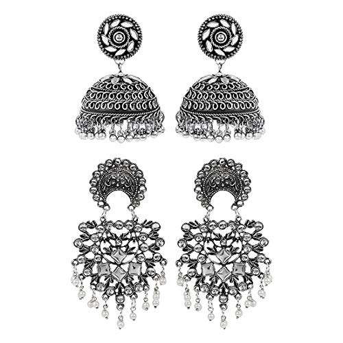 Image of Yellow Chimes Earrings for Women and Girls Traditional Silver Oxidised Jhumka German Silver Earring Set Dome Shaped Dangler Jhumki Earrings Combo | Birthday Gift For Girls and Women