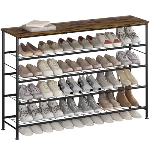 Image of SUOERNUO Shoe Rack 5 Tier Shoe Storage Organizer Metal Mesh Shelves with MDF Top Board for Entryway, Hallway, Closet,Bedroom,Living Room (Black+Rustic Brown, Large 5 Tier)