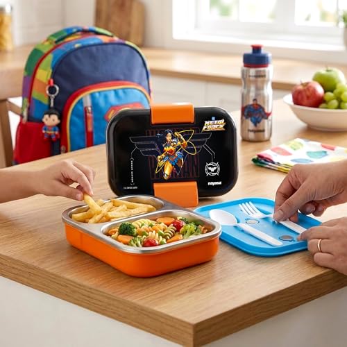 Image of Nayasa Marco Wonder Women Print 2 Compartment Stainless Steel Insulated Lunch Box for Kids | Vacuum Sealed Leak Proof Tiffin Box | 650 ml | Orange & Black