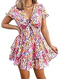 PRETTYGARDEN Women Summer Short Dress 2025 Casual V Neck Short Sleeve Tiered Bow Mini Sun Dresses Beach Vacation Sundress(Floral White,Large)
