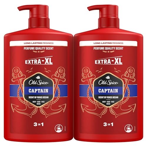 Old Spice Captain Gel De Ducha Y Champú Para Hombres 2x1000ml, Gel Para Cara, Cuerpo Y Pelo 3 En 1 Multiusos, Frescura Duradera, Fragancia Excepcional, Limpieza Profunda