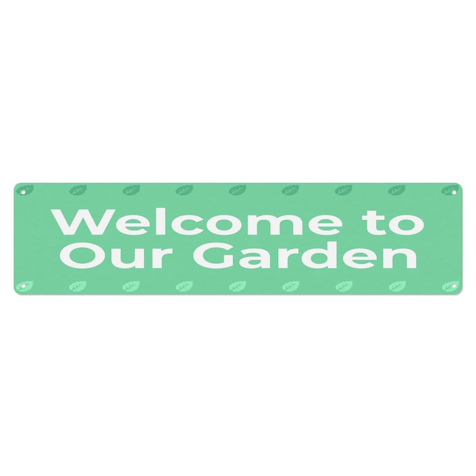Vintage Welcome to Our Garden Mint Green Metal Tin Sign