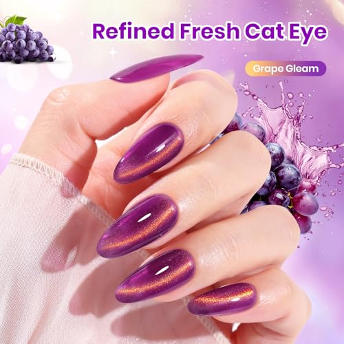 Image of Beetles Grape Gleam Purple Cat Eye Gel Nail Polish - 15ML Full Size Purple Cat Eye Glitter Spring Gel Polish Magnetic Translucent Glassy Effect Soak Off UV Nail Art DIY Manicure Gifts