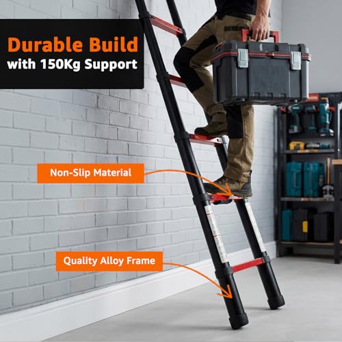 Image of Amazon Basics 3.8 m (12.46 ft) Compact Alloy Steel Telescopic Ladder | 13-Step Extendable Foldable Ladder | Portable Multipurpose Step Ladder