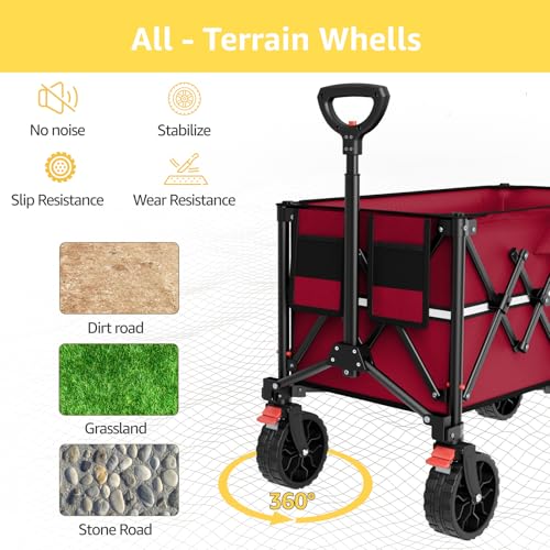 Image of ROSONG Collapsible Wagon Cart with Wheels Foldable - Folding Utility Heavy Duty Wagons Carts for Grocery Sports Garden Shopping Camping Wheelbarrows (Burgundy, 150L)