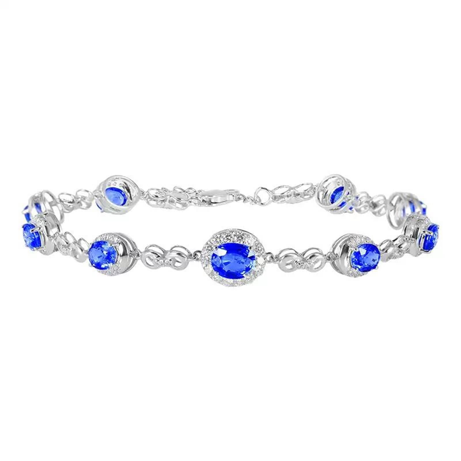 Donna Bracciali Catena Oro Bianco 9 K / 14 K / 18 K 750, Ovale con Zaffiro Creato da 4,22 ct e Moissanite, Regolabile 16 CM + 5 CM, Bracciali Catena Blu Argento Donna
