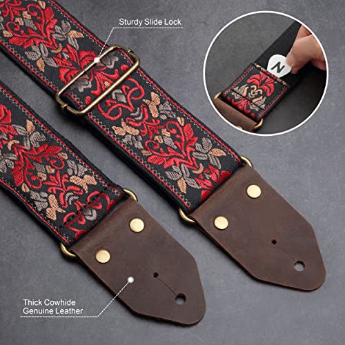 Image of Nefelibata Guitar Strap,Jacquard Embroidery Cotton Guitar Straps with Crazy Horse Leather Leather Ends for Bass, Electric & Acoustic, Best Gifts for Kids, Guitarists(Retro Red Flower)