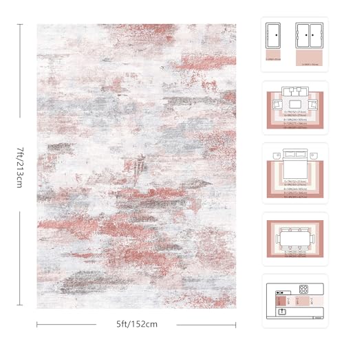 Image of 5x7 Rugs for Living Room - Modern Abstract Washable Rug, Ultra Soft Non Slip Low Pile Large Rugs, Floor Carpet for Bedroom Dining Room Office Laundry Nursery Home（Pink & Grey）