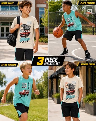 Image of Pro Athlete Boys Active Shorts Set - 3 Piece Athletic Dry Fit Graphic Tees Tank Tops and Basketball Shorts for Boys