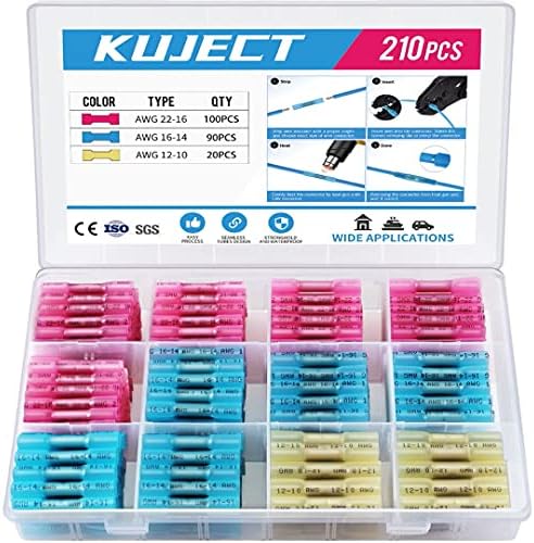 Kuject 210PCS Heat Shrink Butt Connectors, Tinned Copper Waterproof Electrical Butt Splice Connector Kit, Insulated Sealed Crimp Connectors for Marine Boat Truck Stereo Joint