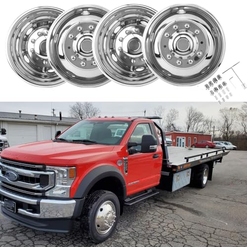 Image of 4pcs 19.5 inch 10 Lug Hubcaps Polished Stainless Steel Dually Wheel Simulators, Nice Looking and Durable Bolt On Wheel Cover, with Full Kit Tools Compatible with 2005-2025 Ford F-450 F-550