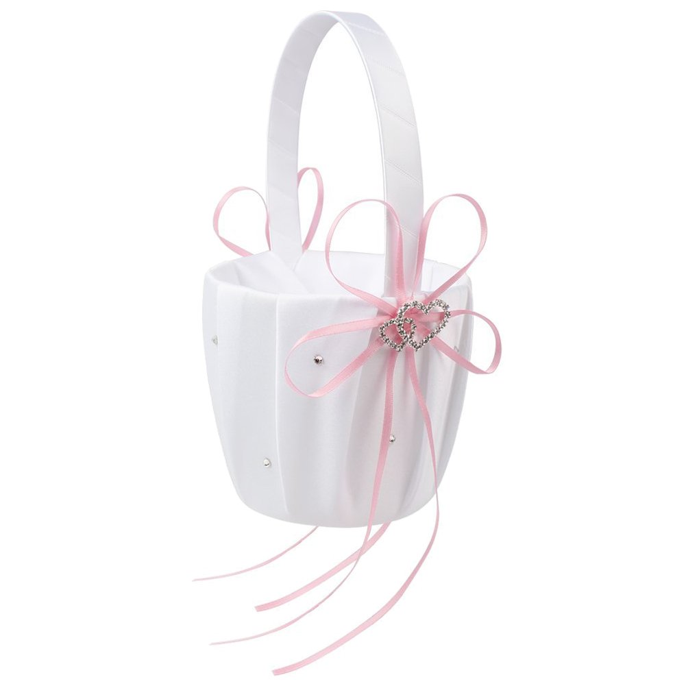 Retyly Girls Blue,Pink,White Double Heart Wedding Flower Basket White Satin Rhinestone Decor Pink Wedding Party Favor
