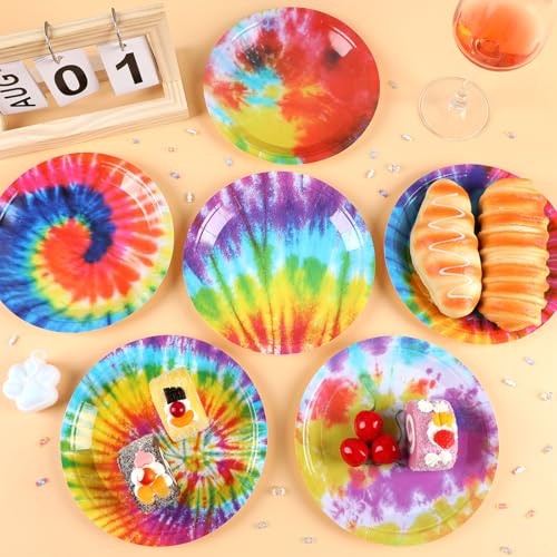 Naozinebi NB0639 72Pcs Rainbow Tie Dye Plates Birthday Party Supplies Tie Dye Birthday Tableware Colorful Party Plate Disposable Dessert Paper Plates thumb #3