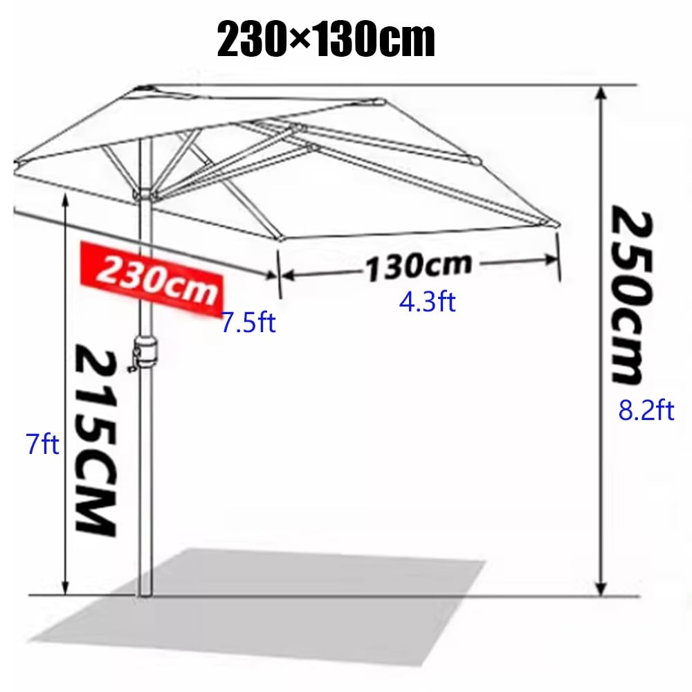 Ombrellone Da Balcone Rettangolare Ombrellone Da Parete | 230x130cm Ombrello Da Patio Con Manovella Balze 5 Costole Protezione Solare Parasole