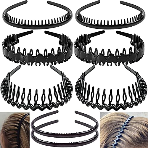 Image of ULTIMUTE 8 PCS Fashion Effortless Plastic Headbands with Teeth Comb Black Skinny Headbands No Slip Hair Accessories Bands for Women Men Teen Girls, Bright Black