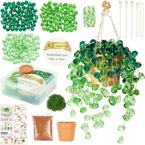 Deinduser Beaded Plant Kit DIY Hanging Suncatcher Craft Kit with Glass Crystal Beads Pot Chain Faux Moss Air Dry Clay Instruction Booklet & Video Tutorial Tabletop or Window Decor Gift