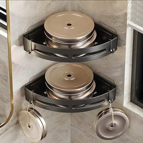 Image of SquareUp Self-Adhesive Wall-Mount ABS Plastic Bathroom Corner Shelf Rack Organizer Without Drill Storage Shelves Holder /Accessories (Black, Pack of 2)