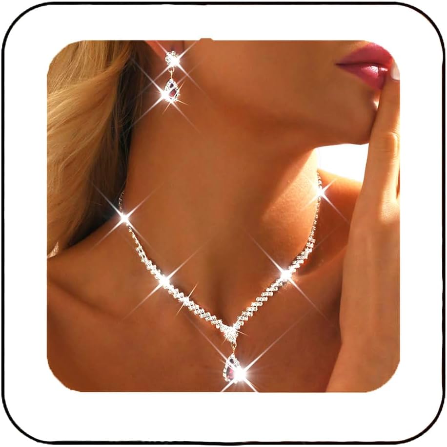 Unicra Rhinestone Bridal Wedding Jewelry Set Silver Crystal Necklace Earrings Sets Formal Costume Jewelry for Women and Brides