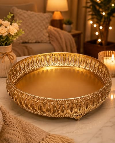 Image of Gold Finish Decorative Tray with Legs for Home Decor, Metal Serving Tray, Vintage Embossed Round Puja Thali, Centerpiece Bowl for Coffee Table, 8 Inch Decorative Tray for Gifting (Only Tray Included)