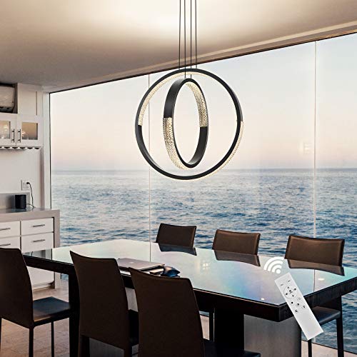 Ikk Modern Led Chandelier, Dimmable With Remote Control, Acrylic In Crystal Shape Light Fixture, 2 Rings Pendant Lighting For Dining Living Room Bedroom Kitchen, Foyer, Dark Grey (D=19.7") #TOP4