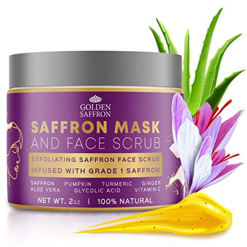 Golden Saffron Exfoliating Face Mask & Scrub, Brightening and Deep Cleanser, Minimizes Pores and Blackheads, All Skin Types Include Saffron, Turmeric, Aloe Vera, Pumpkin, Ginger, Glycolic Acid & Vitamin C Gluten-freeâ€“ 2 OZ