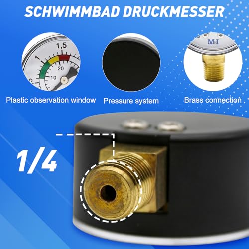 Riisoyu Pool Druckmesser, Pool-Manometer 1/4 BSPT für Schwimmbecken Filter und Pumpen0+3BAR/PSI Präziser Wasserdrucktester Ø50mm Einfache Installation Langlebiges Material Ideal für Pool, Fischteiche