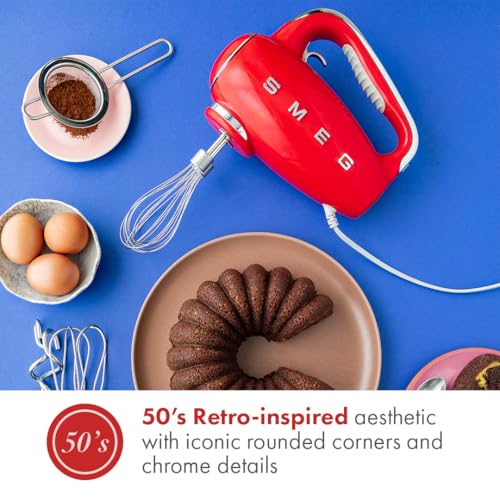 Image of SMEG HMF01 9-Speed Retro Hand Mixer - 220W Motor, Smooth Start, Turbo Function, LED Timer Display, Stainless Steel Whisks, Beaters & Dough Hooks, Premium Die-Cast Aluminum Body