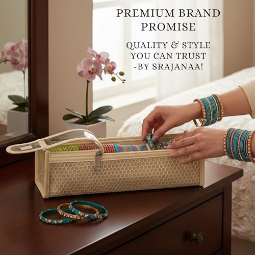 Image of Single R Rod Bangle Box Organizer for Women | Hard Board Chudi Storage Box with Removable Rods & Transparent Top Window | Jewellery Organizer | Beige | Set of 14
