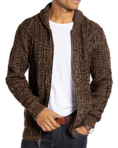 Pretifeel Mens Cardigan Sweater Shawl Collar Cable Winter Casual Jacket Zip Up Warm Long Sleeve Knitted Outerwear Brown