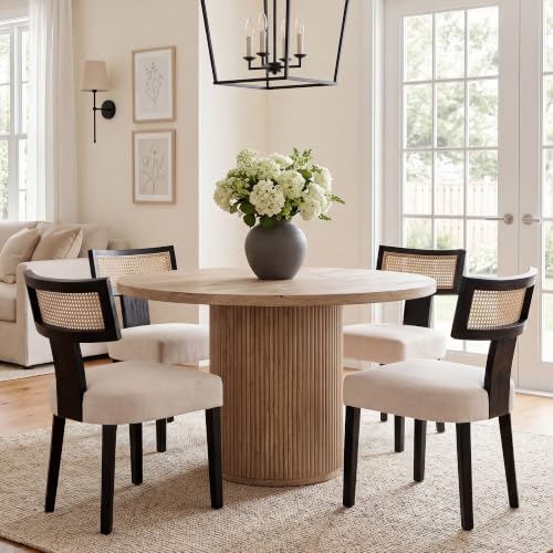 Image of HNY Mid Century Modern Rattan Dining Chairs Set of 4, Farmhouse Linen Upholstered Accent Chair Curved Backrest Kitchen Chairs, with Black Hardwood Frame, Beige