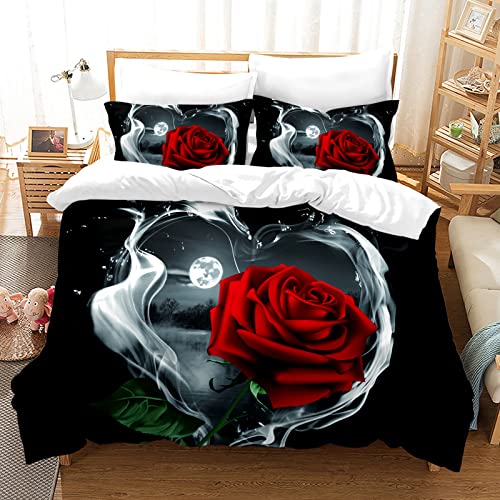 Rose Rouge Housse de Couette Adulte, Impression 3D - Rose Rouge - Fleurs romantiques - Housse de Couette avec Fermeture éclair et taie d'oreiller(C, 200 x 200) Cover
