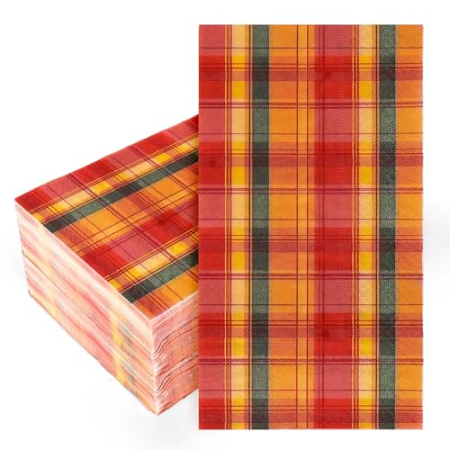 Serviettes jetables automne plaid rouge orange pour table de Thanksgiving