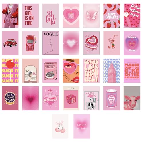 Fame Monkey - Pink Pack of 30 Pink Wall Collage Kit – 4x6 Inch Aesthetic Posters for Bedroom, Office, Living Room, Dorm Décor – Pink Girly Premium Cardstock, Includes Stick Tape for Easy Wall Decoration