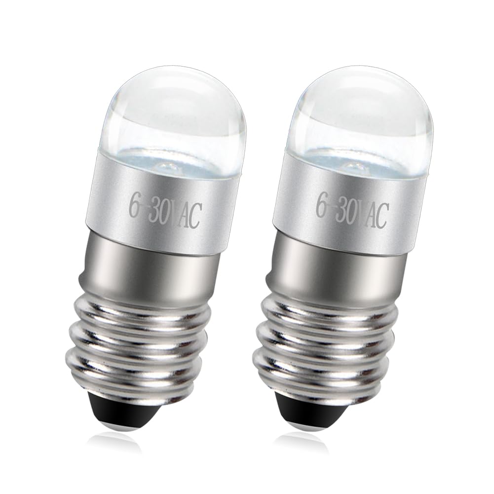 Ruiandsion Upgrade E10 Hiking Camping Light Super Bright White LED Flashlight Bulb 0.6W 6-30V 6V 12V 24V LED Replacement Bulb Torch Lamp Emergency Work Lights White,No-Polar 2PCS